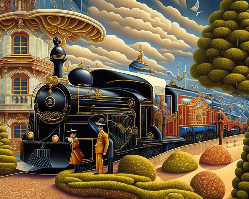 Vintage Train Station Illustration with Steam Locomotive & Elaborate Figures