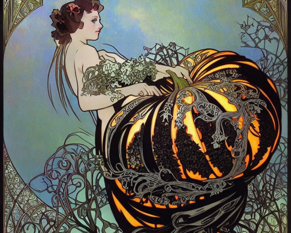 Art Nouveau Style Woman with Flowers in Hair on Orange and Black Swirls