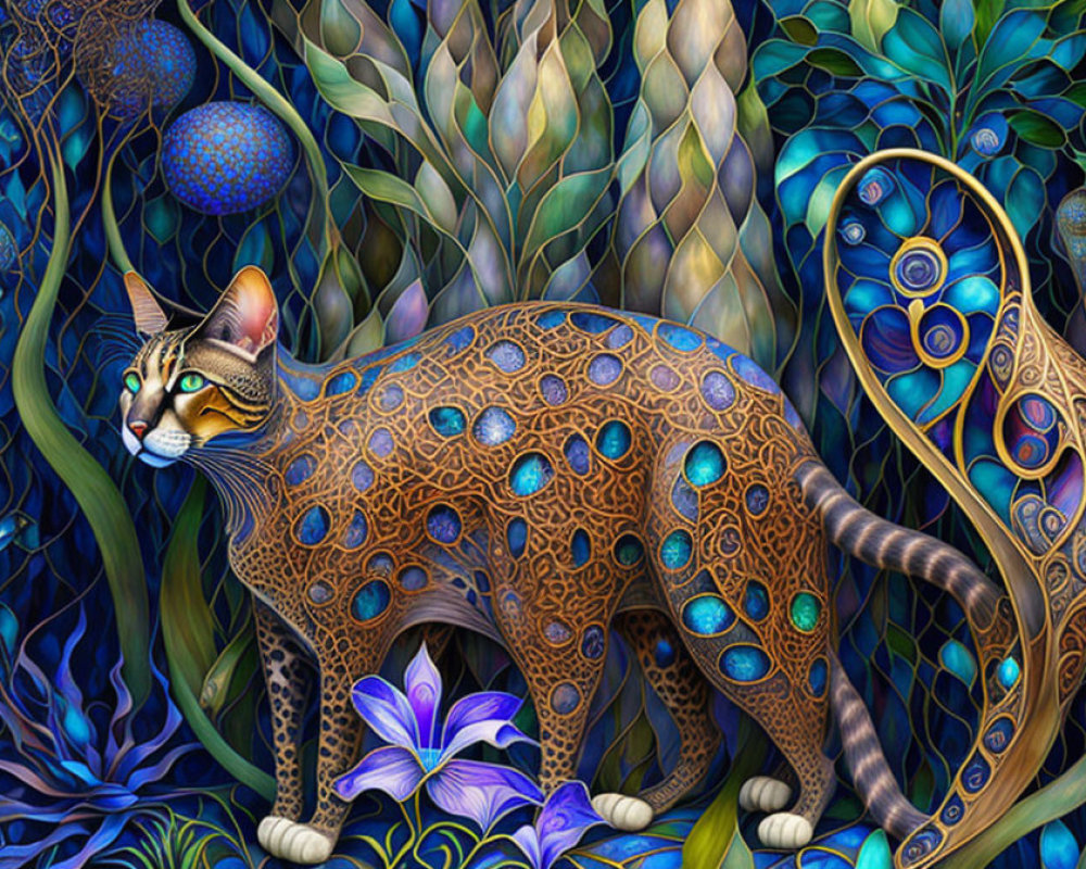 Leopard with peacock-patterned spots in vibrant flora