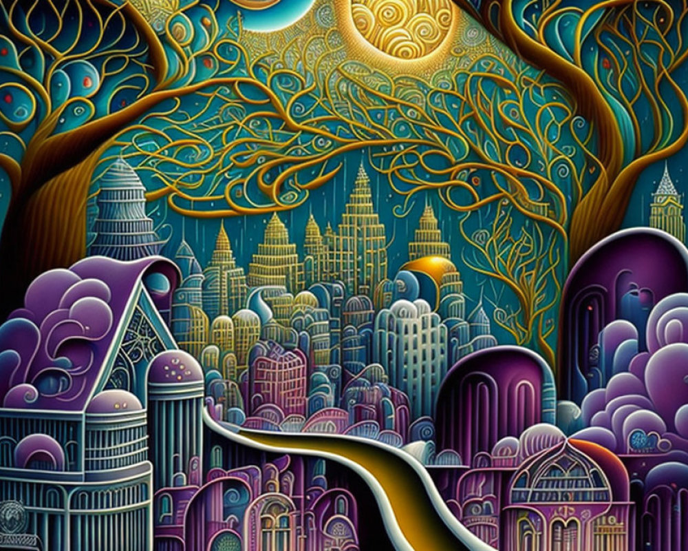 Vibrant cityscape painting with swirling skies and fantastical buildings