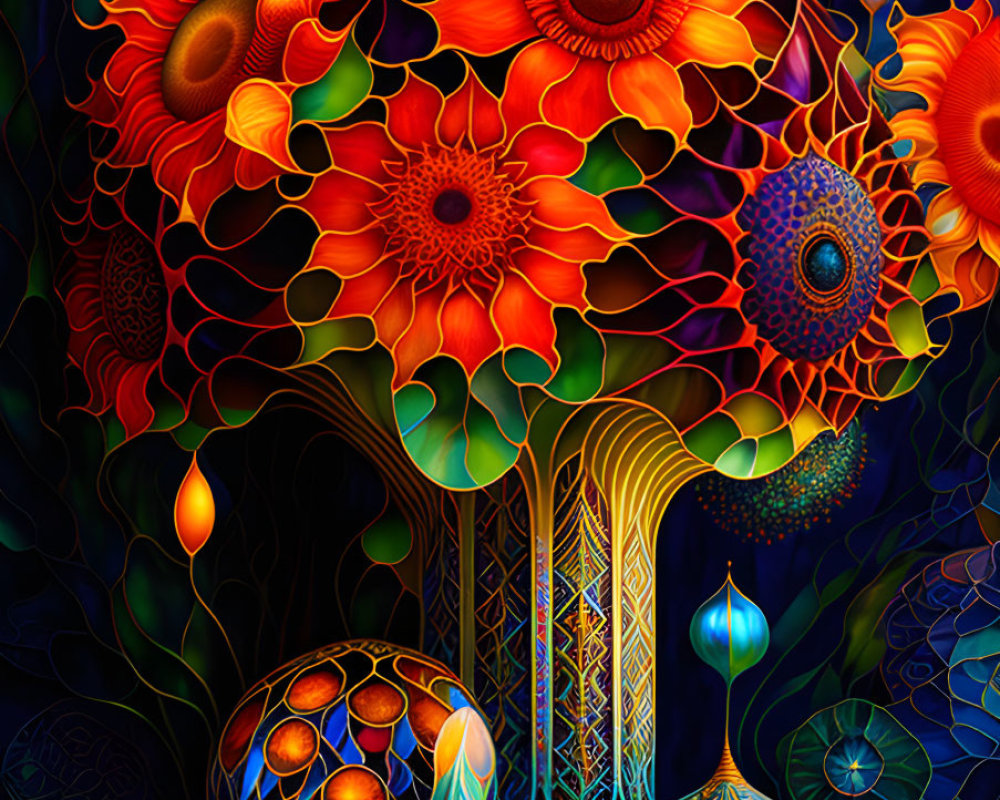 Colorful digital artwork: Psychedelic sunflowers, orbs, and vases on dark background