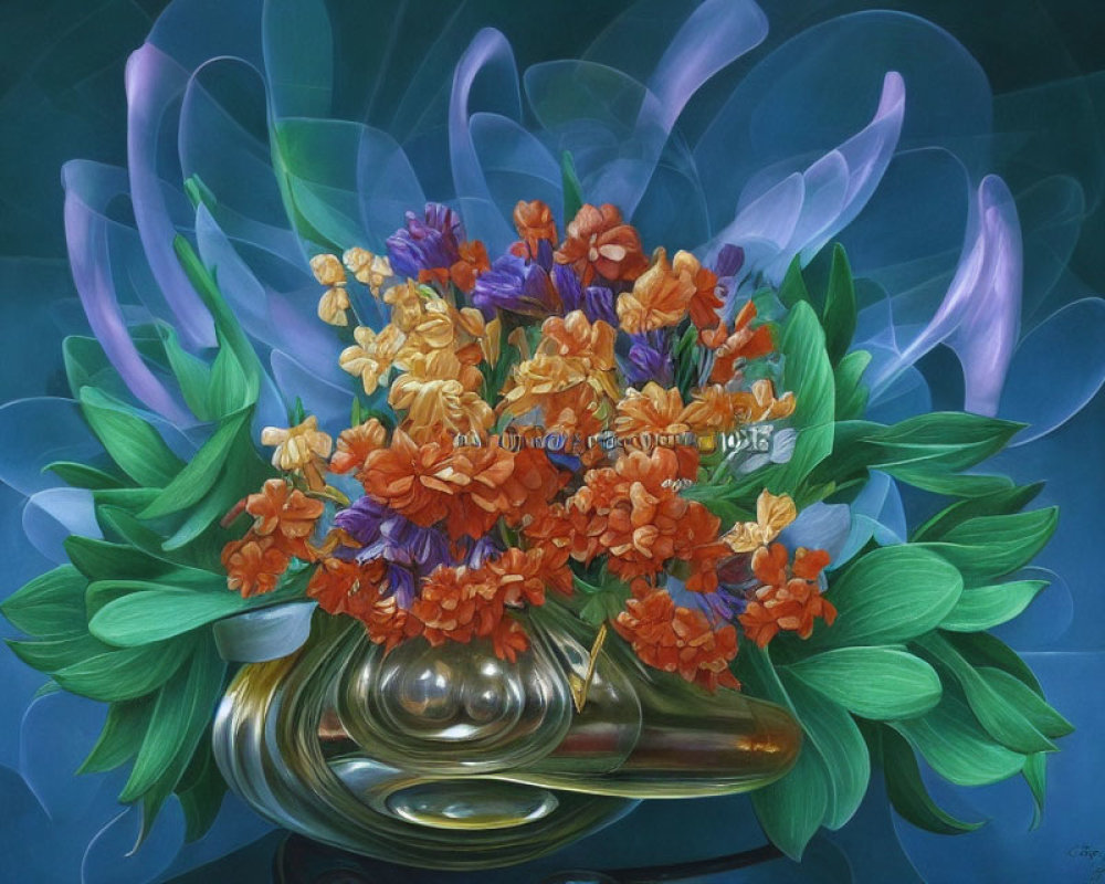 Colorful Orange and Yellow Flower Bouquet in Silver Horn on Blue Background