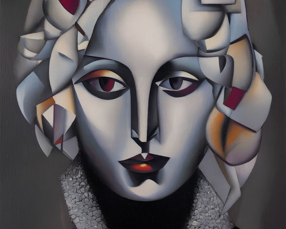 Cubist-style painting of woman with pale skin and red-highlighted hair by TAINO