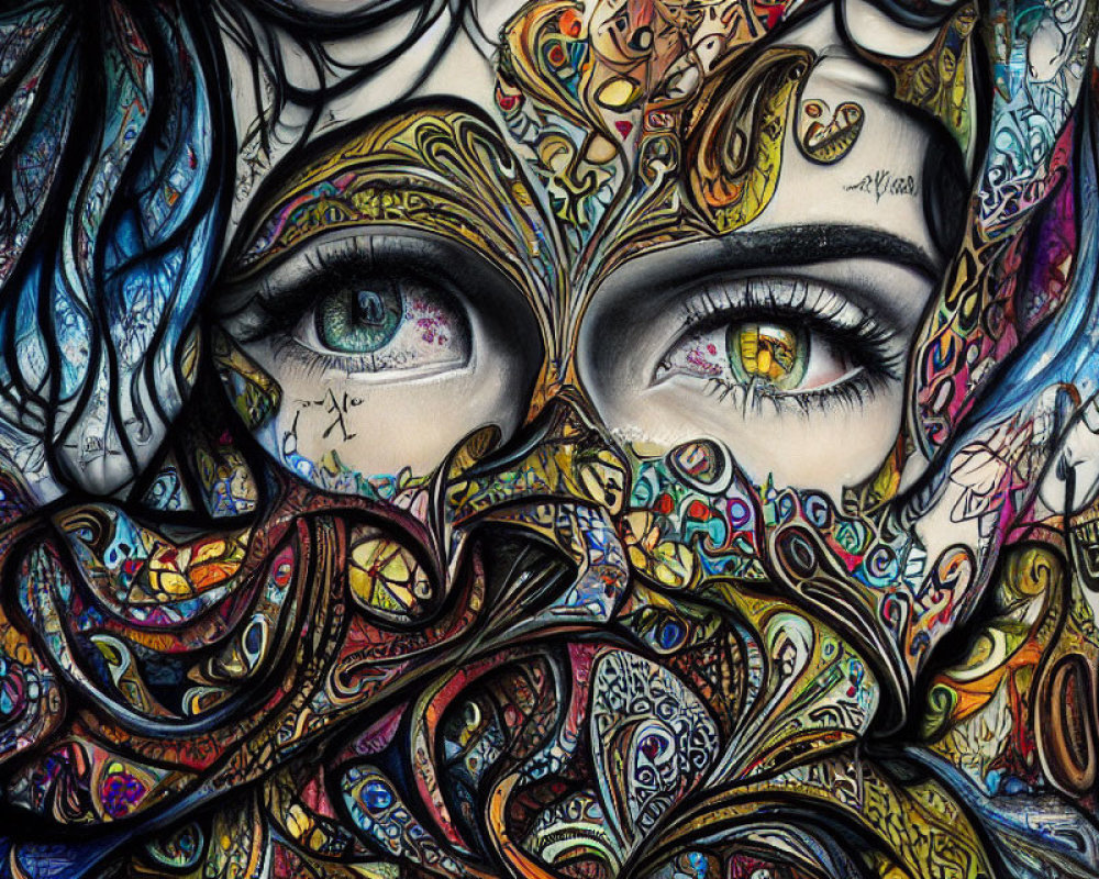 Vibrant face painting with intricate patterns and expressive eyes