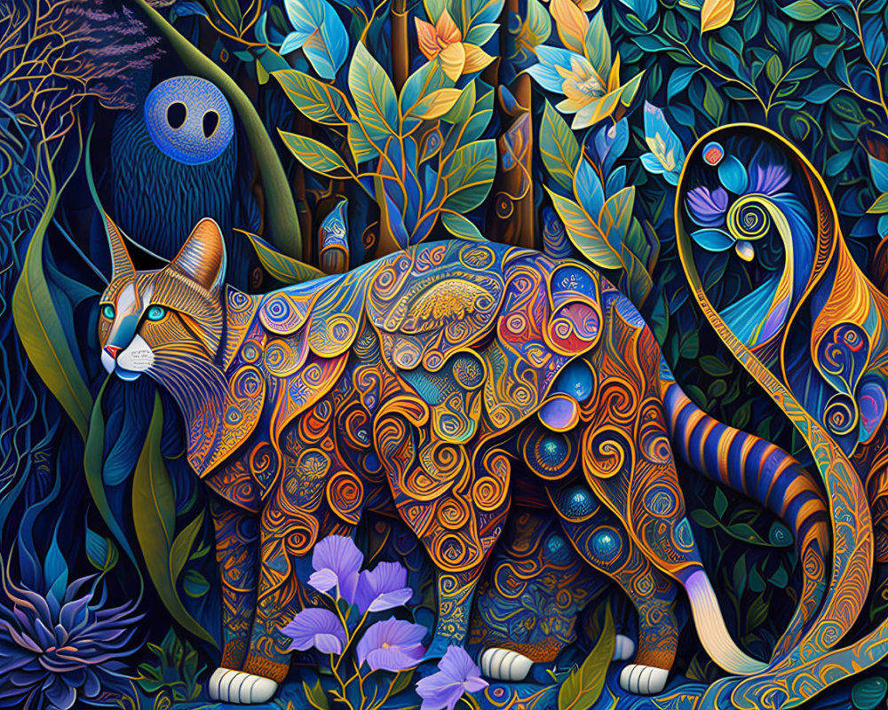 Colorful artwork: Stylized cat in intricate floral setting