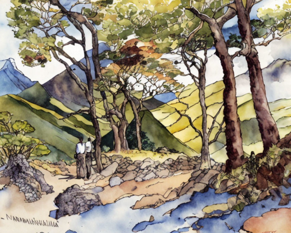 Two People Admiring Landscape with Trees and Mountains in Vibrant Watercolor