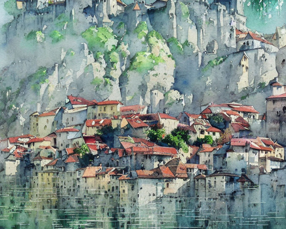 Watercolor painting of dense hillside town with houses reflecting in water