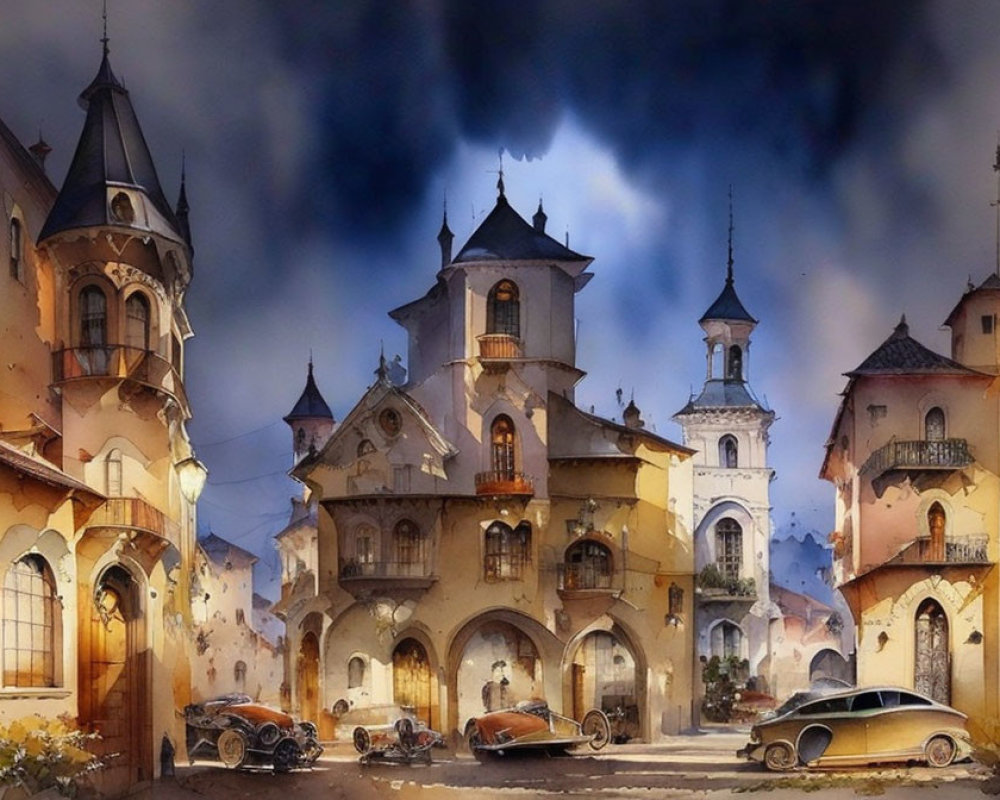 Whimsical painting of old-time town with castle-like buildings and vintage cars