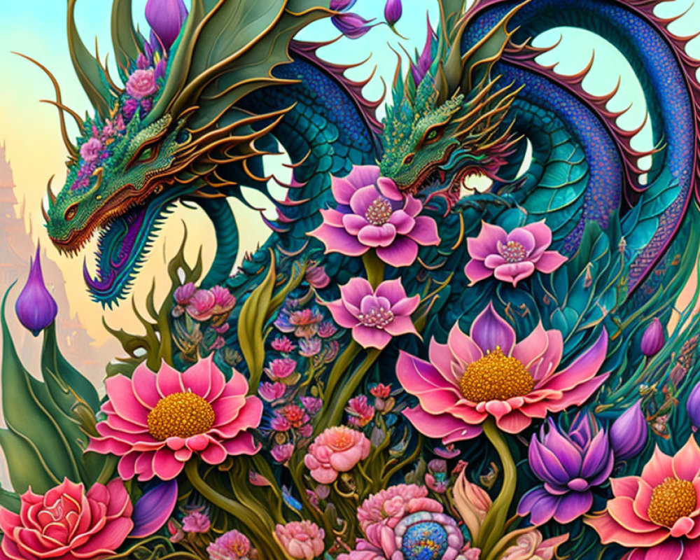 Detailed illustration of two dragons in a colorful flower field