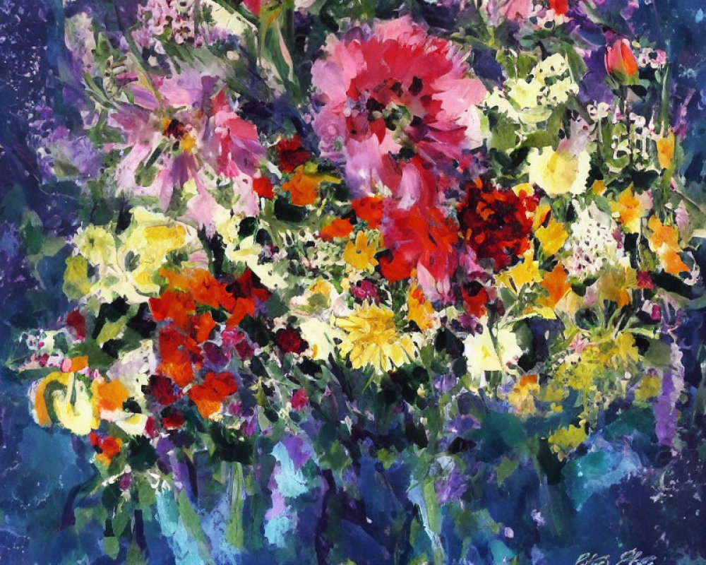 Colorful bouquet painting with red, pink, yellow, and white flowers on dark blue backdrop