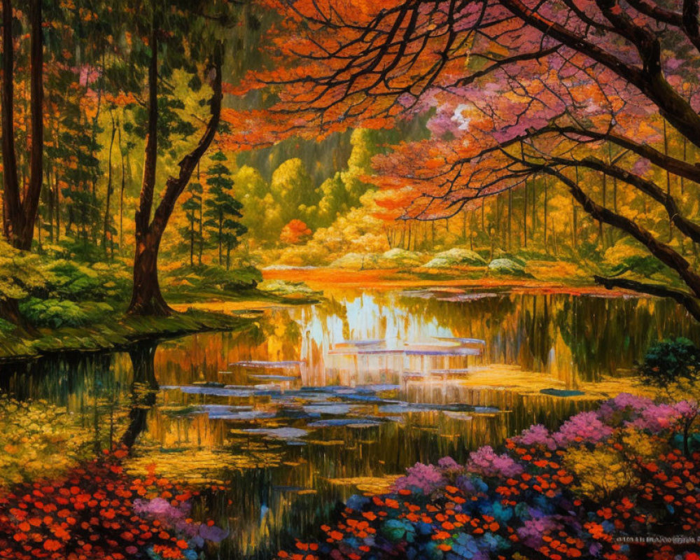 Colorful autumn forest scene with lake reflection and flowers