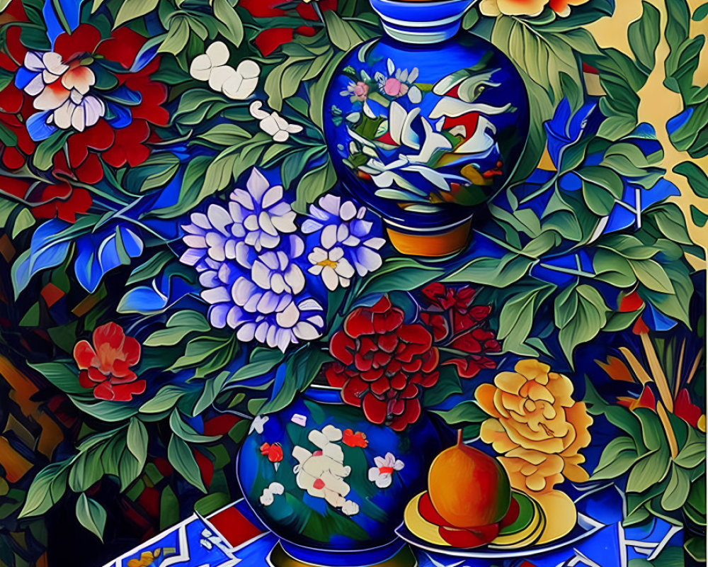 Colorful Still-Life Painting with Blue Vase and White Flowers