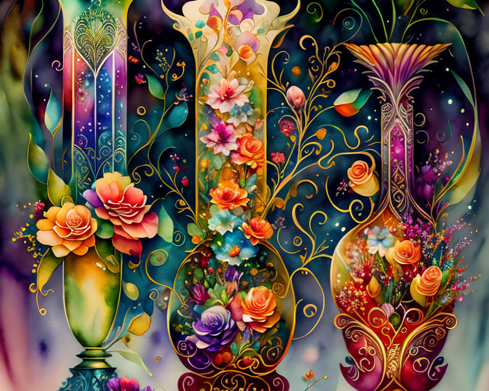 Colorful Illustration of Ornate Vases with Blooming Flowers on Ethereal Background