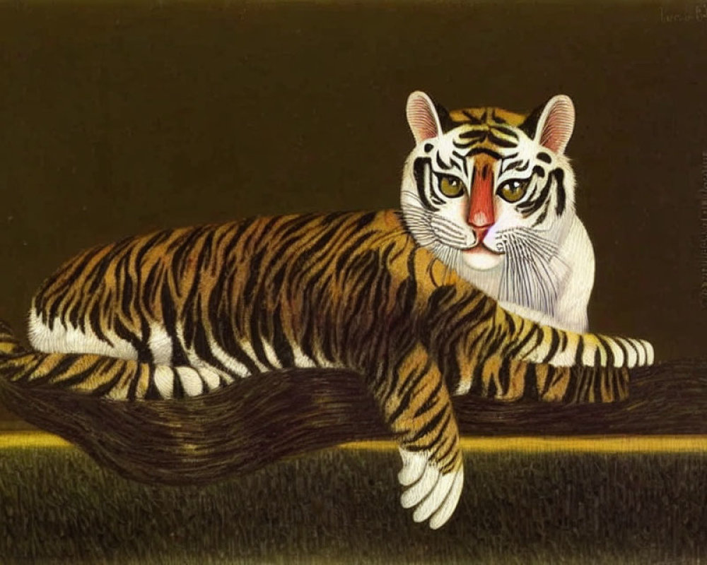 Tiger with Human-like Face Reclining on Branch Painting