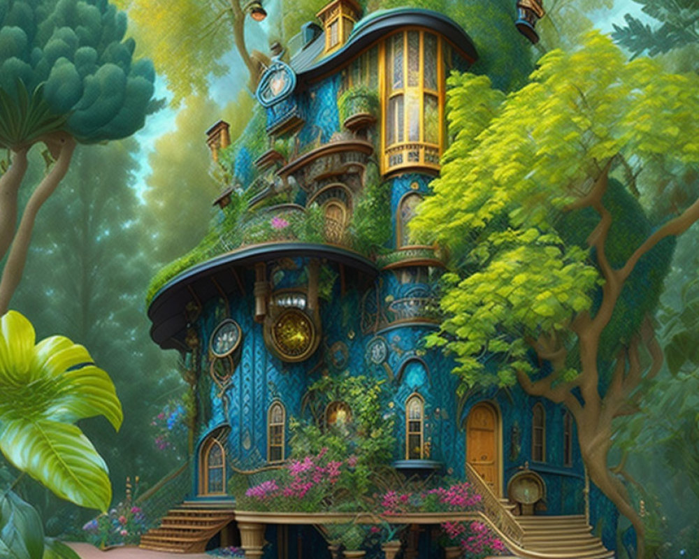 Whimsical blue treehouse in enchanted forest with clocks and vibrant flowers