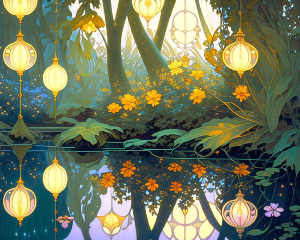 Tranquil forest scene at dusk with glowing lanterns and vibrant foliage