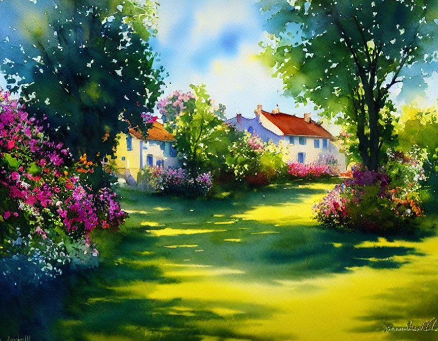 Colorful Watercolor Painting of Sunny Garden with Blossoming Flowers