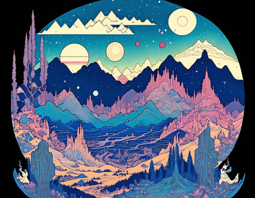 Colorful Mountain Landscape Illustration with Celestial Bodies in Circular Border