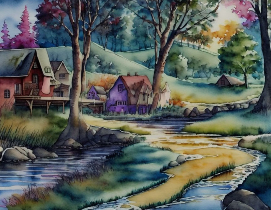 Serene village watercolor painting with stream and colorful trees