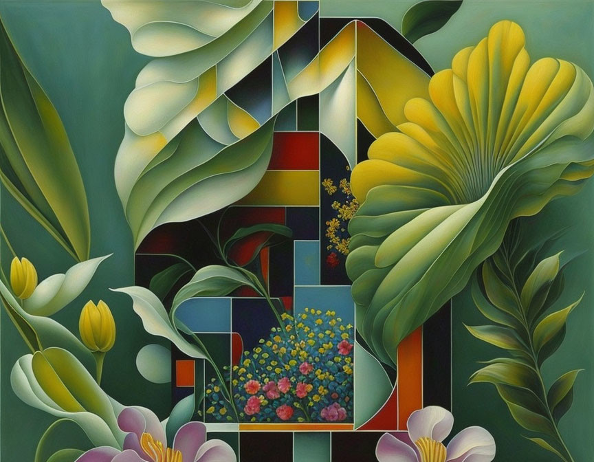 Vibrant Abstract Painting: Botanical and Geometric Shapes with Floral Theme