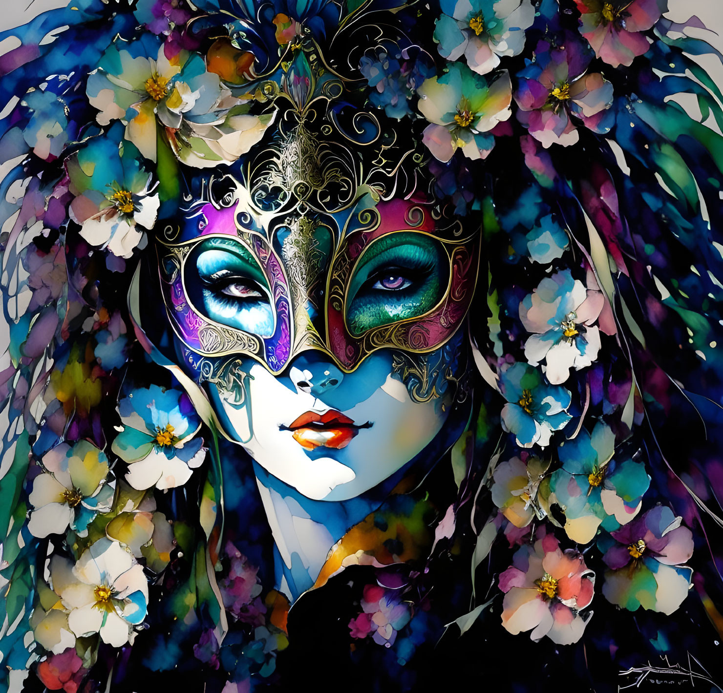 Colorful Artwork: Masked Woman with Floral Surroundings