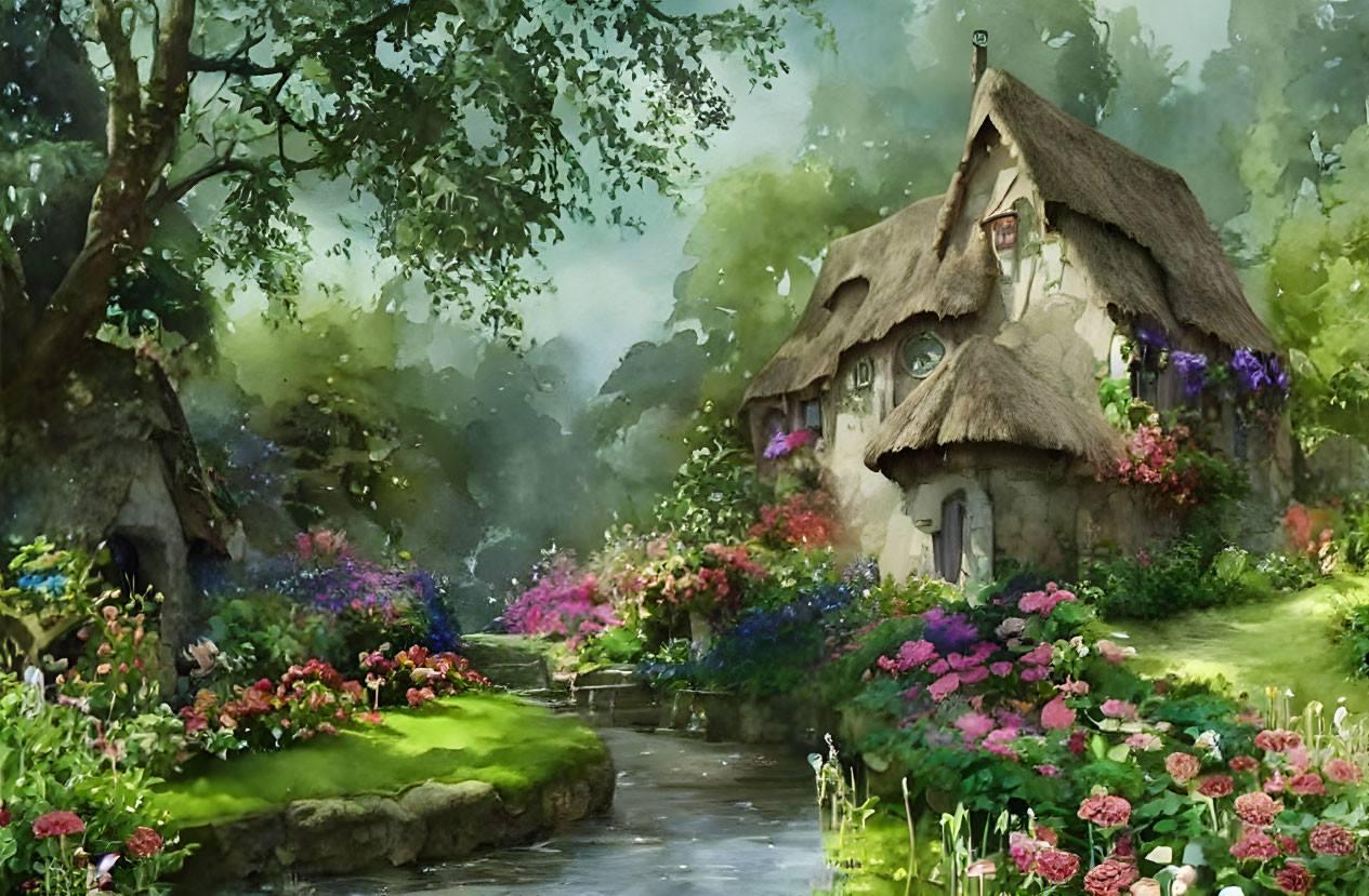 Thatched roof cottage in lush garden with stream