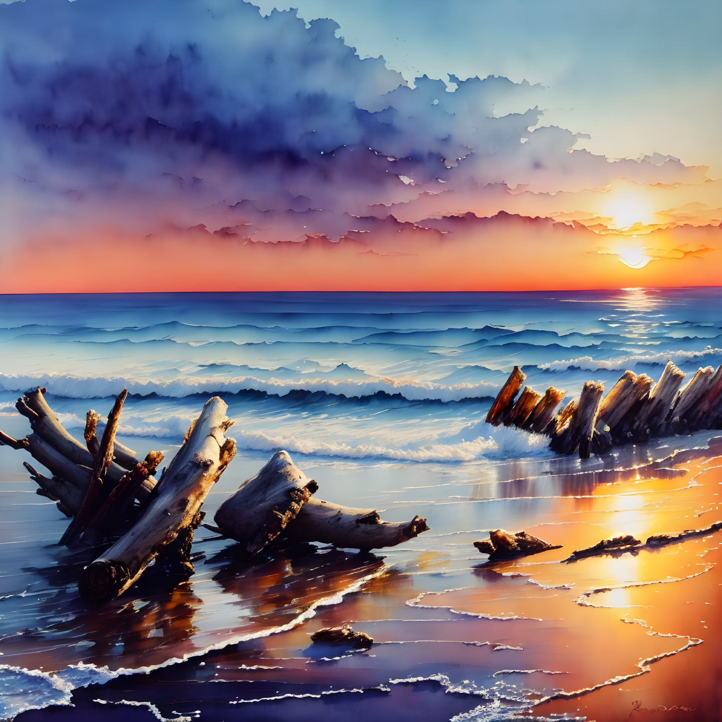 Colorful beach sunset with blue waves, orange horizon, clouds, and driftwood foreground.