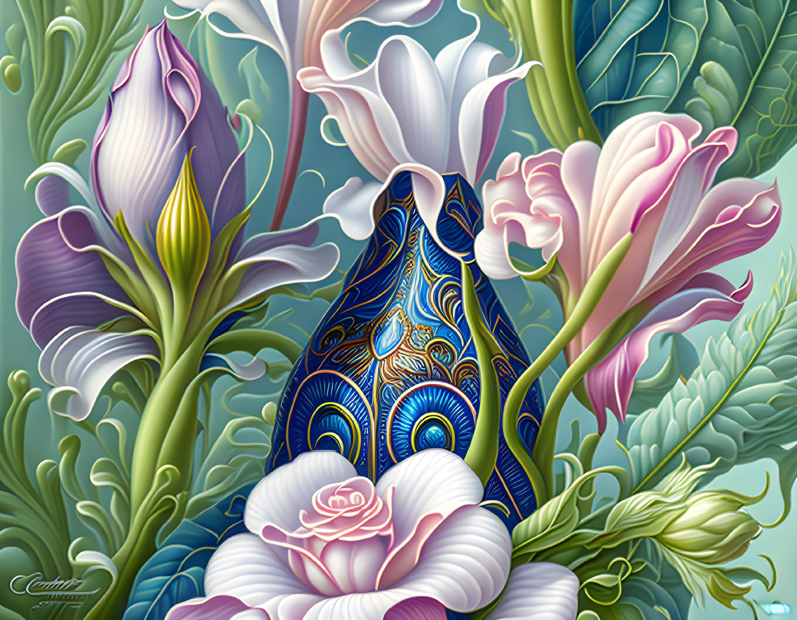 Detailed Peacock Illustration Among Vibrant Flowers in Purple, Pink, and White