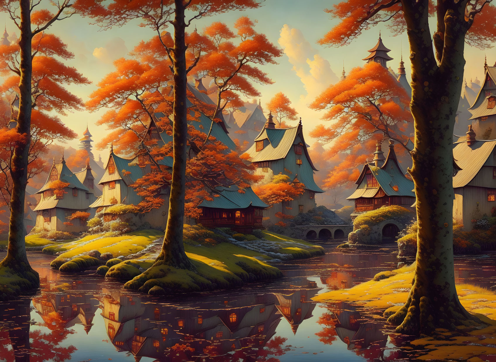 Tranquil fantasy village with picturesque houses and serene river at sunset