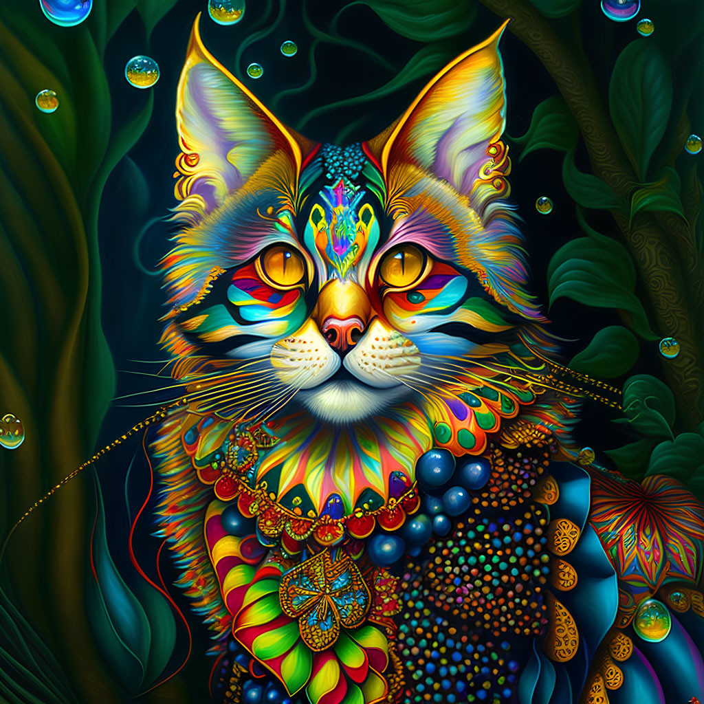 Colorful Cat Art Against Dark Botanical Background