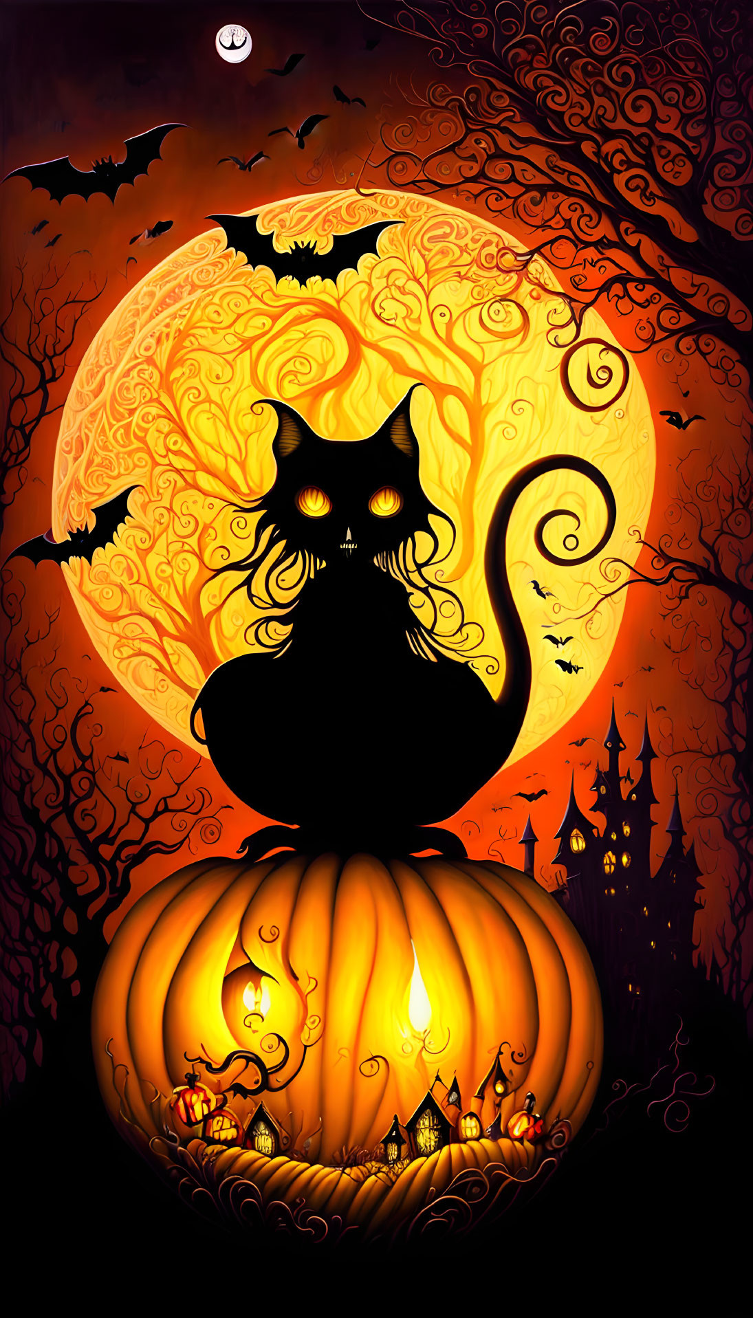 Spooky Halloween illustration with black cat, pumpkin, castle, bats, and full moon