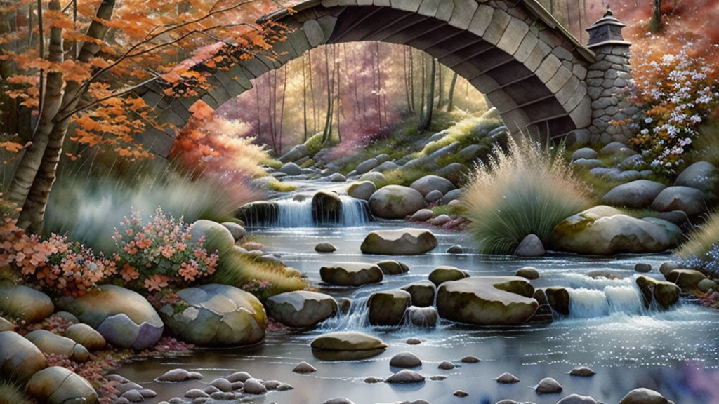 Tranquil autumn scene with stone bridge over stream