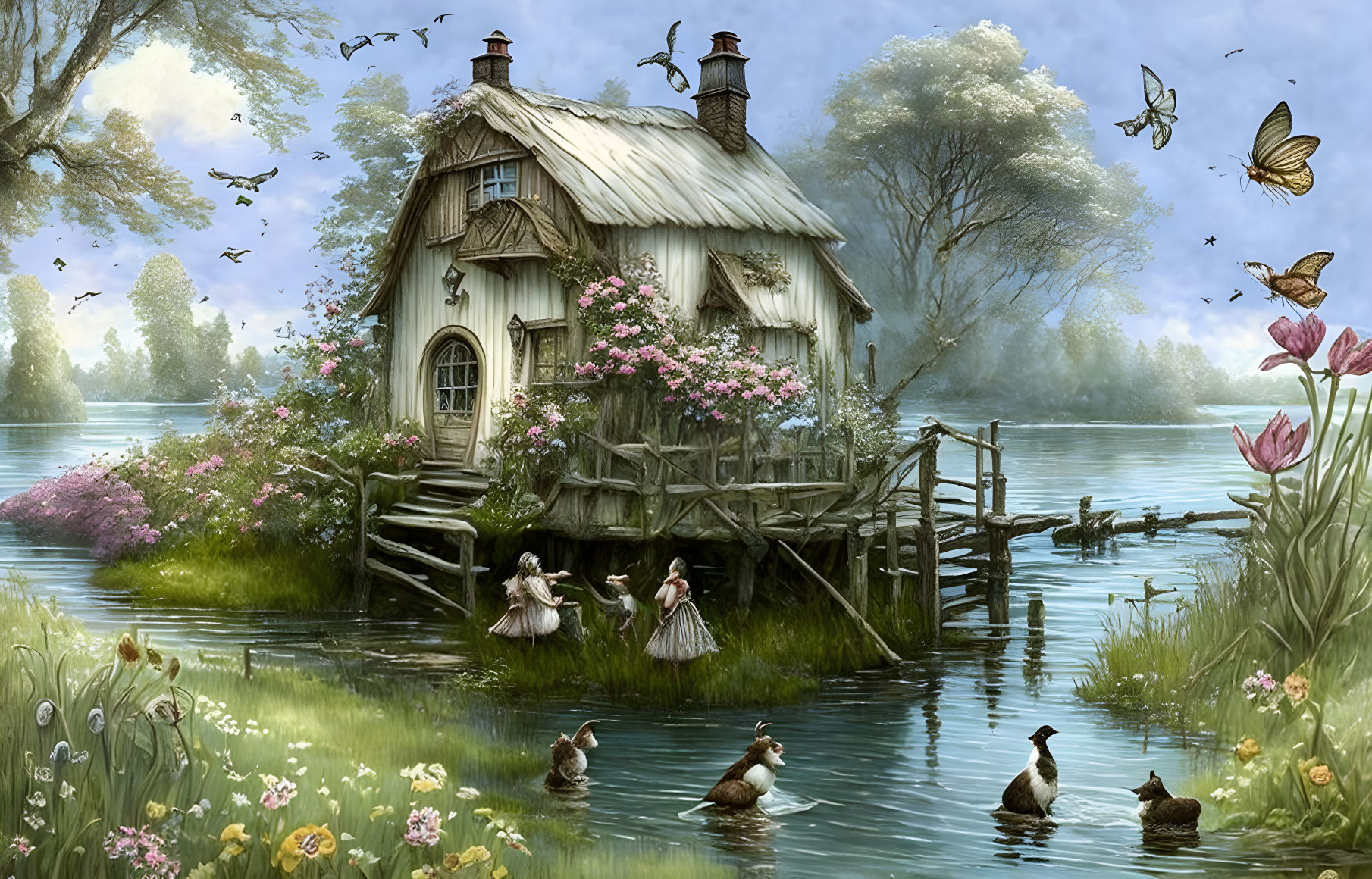 Tranquil lake cottage with lush greenery, flowers, ducks, and children playing by wooden dock