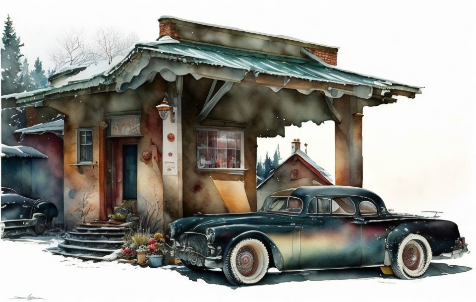 Vintage car parked at snow-covered gas station in watercolor painting