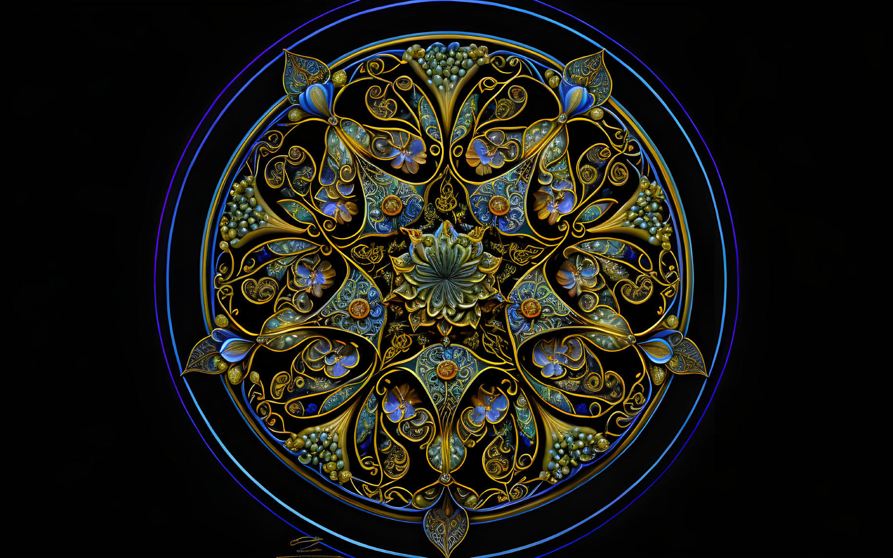 Symmetrical fractal design in blue and gold on black background