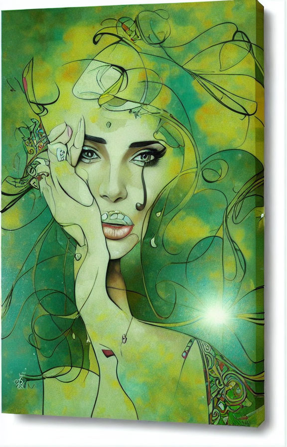 Abstract art: Woman's face with swirling green hues and colorful designs