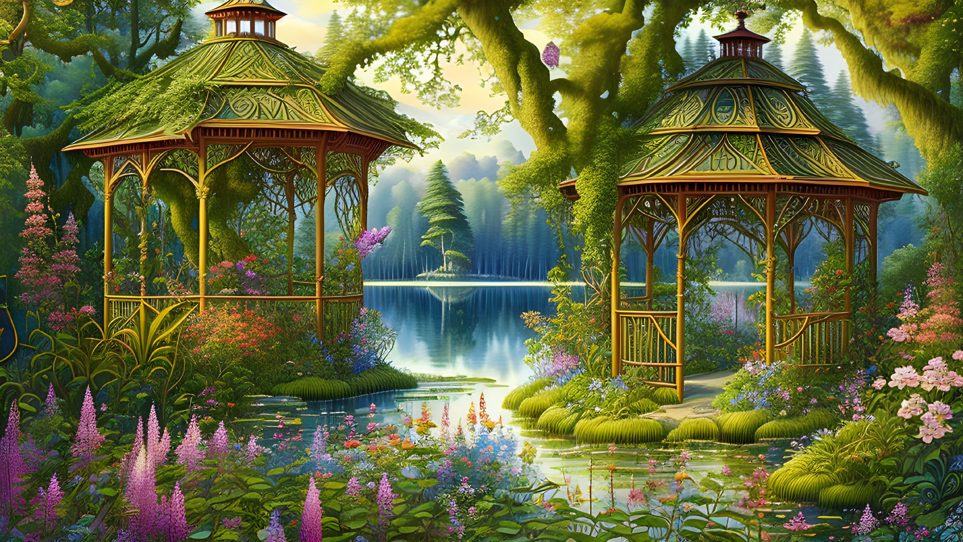 Ornate Gazebos Surrounded by Vibrant Flora and Serene Lake