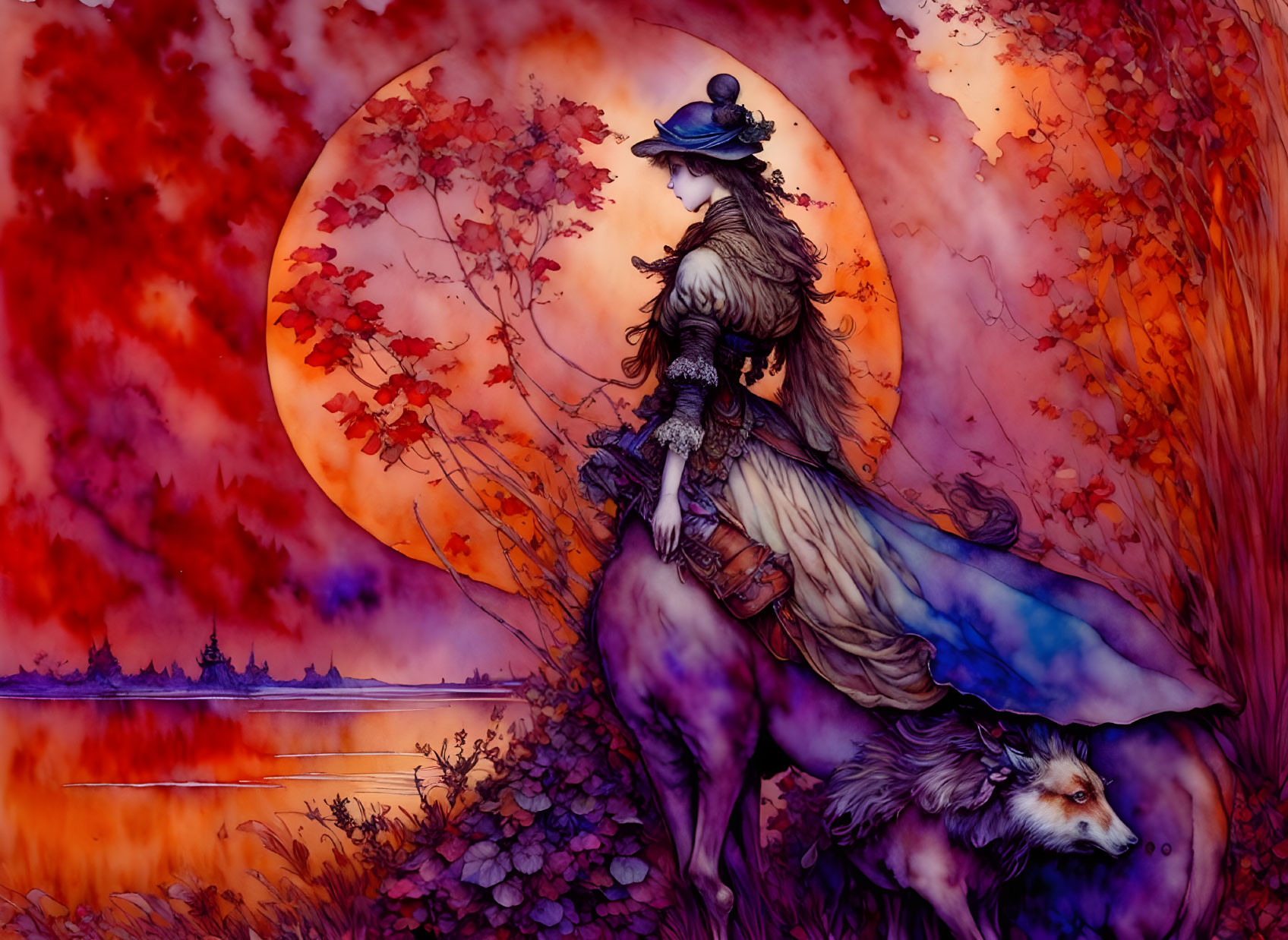 Elaborate Attire Figure Riding Large Wolf Under Fiery Red Moon