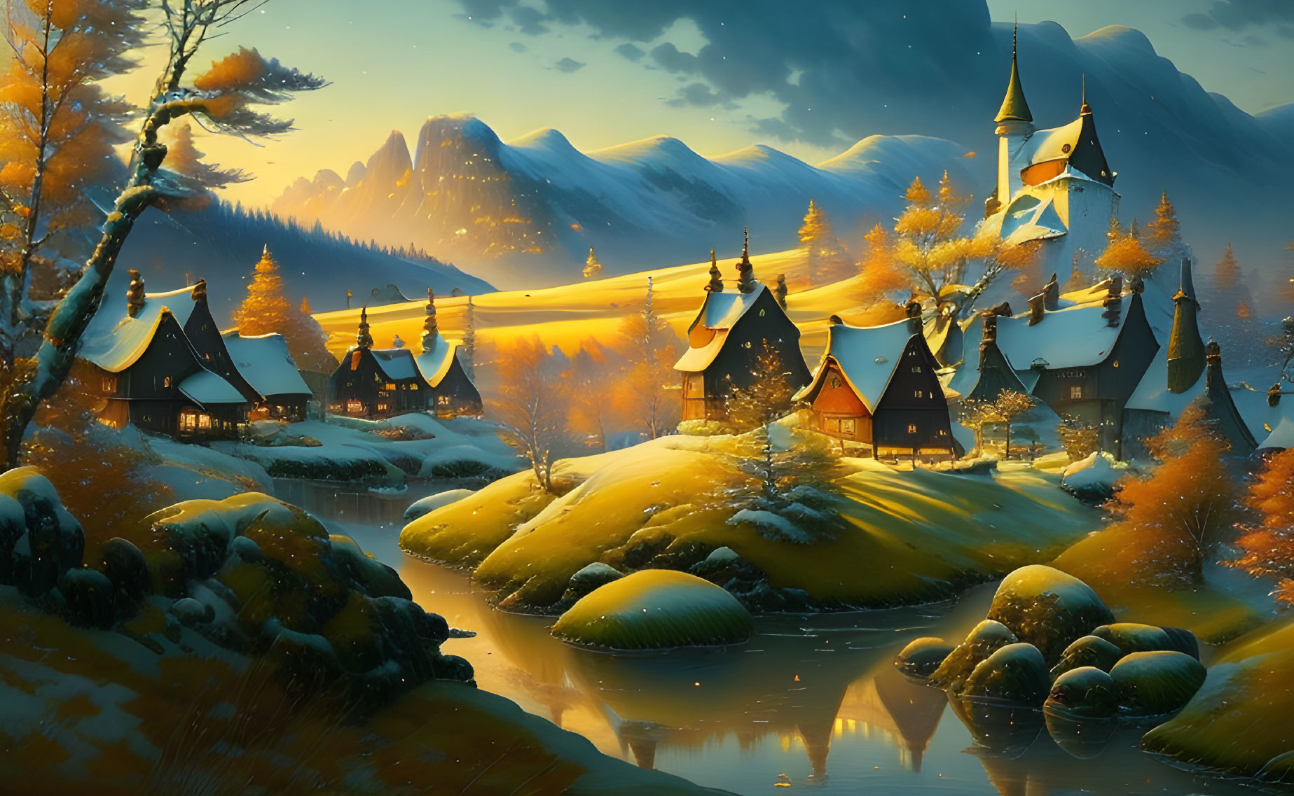 Snow-covered winter village by river and mountains at sunset