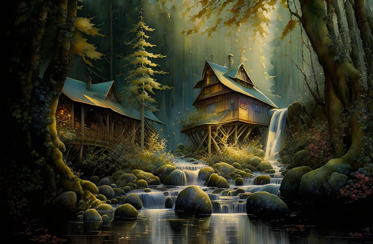 Tranquil forest landscape with two treehouses near a stream