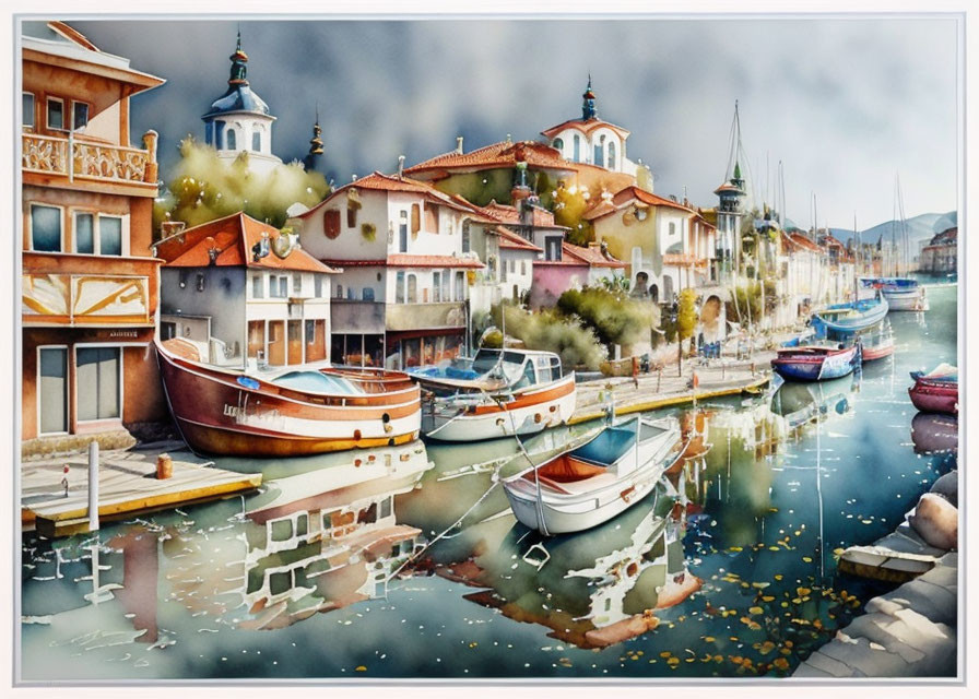 Serene European coastal village watercolor painting