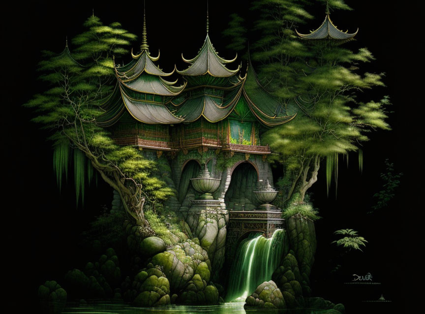 Asian-style pagoda in lush nighttime setting with waterfall