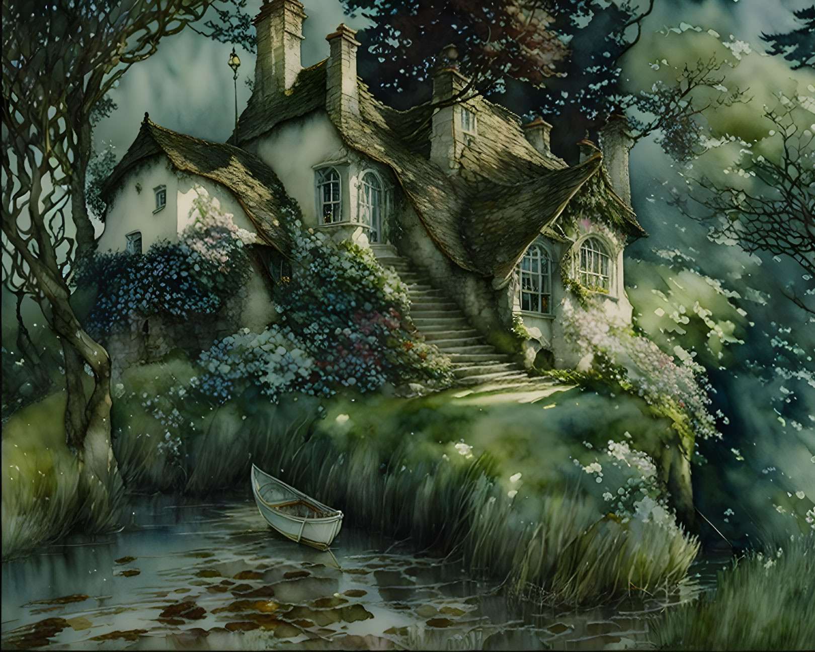 Fairytale cottage by serene pond in mystical forest