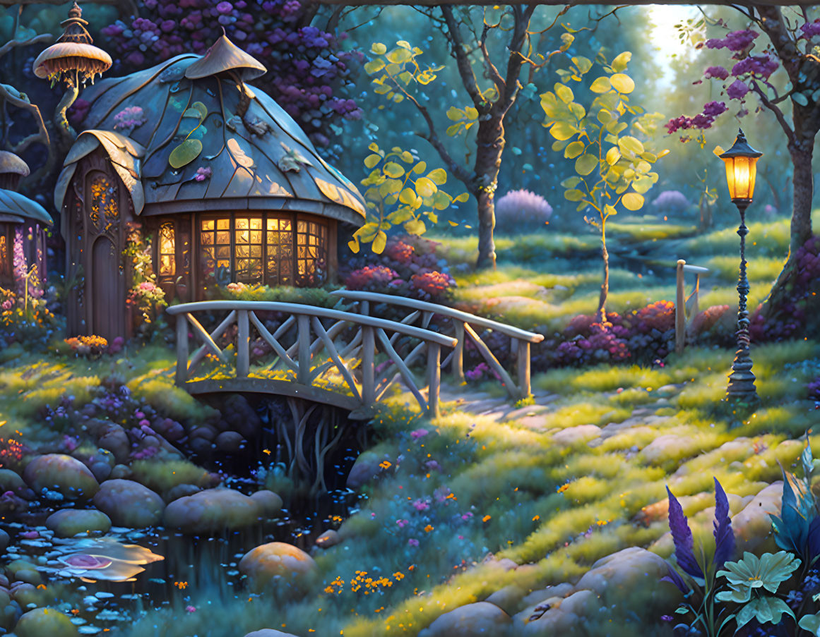 Enchanting forest scene with whimsical cottage, wooden bridge, lanterns, and lush vegetation at