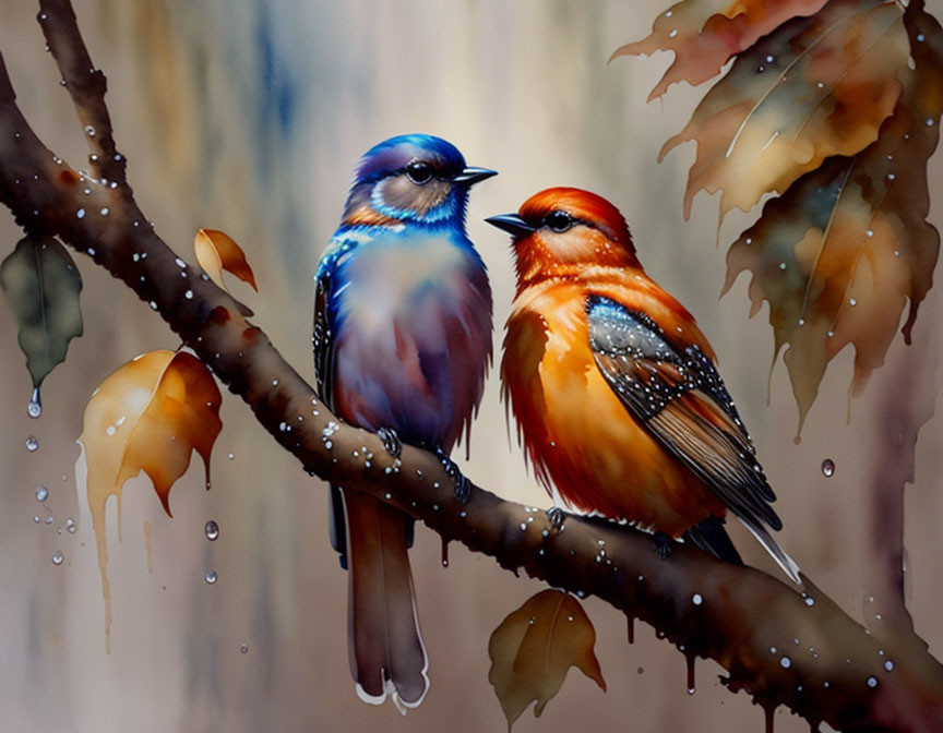 Colorful birds on branch with water droplets, autumn leaves background