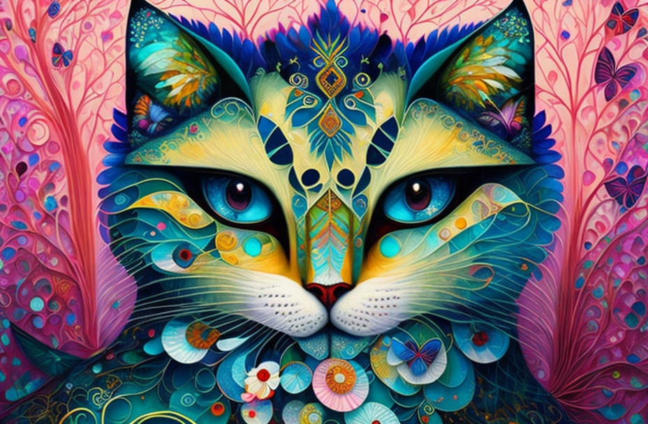 Vibrant Cat Artwork in Whimsical Forest Setting