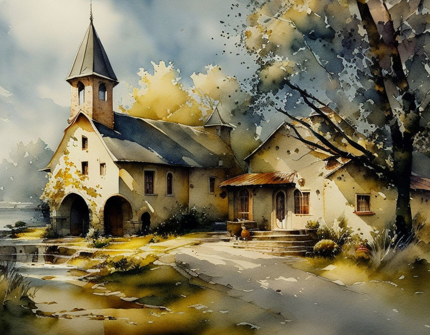 Tranquil watercolor painting of a church in nature