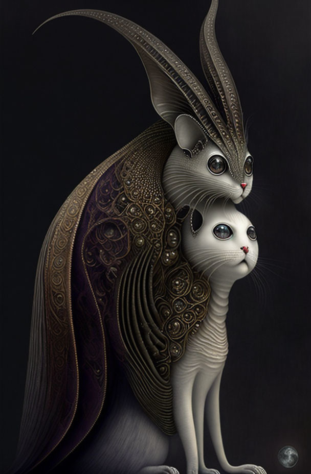 Stylized anthropomorphic cats with intricate patterns on dark background