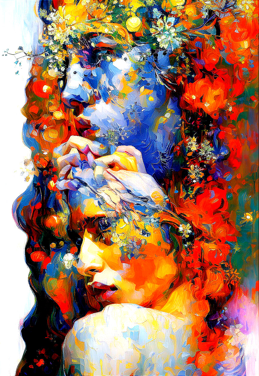 Abstract painting: Two overlapping female faces with colorful floral motifs