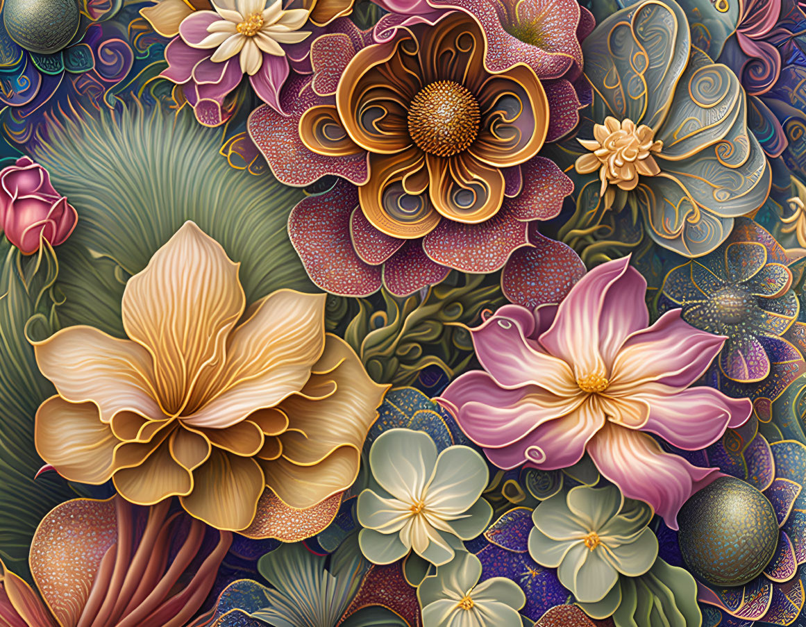 Intricate Stylized Flower Artwork in Earthy Tones